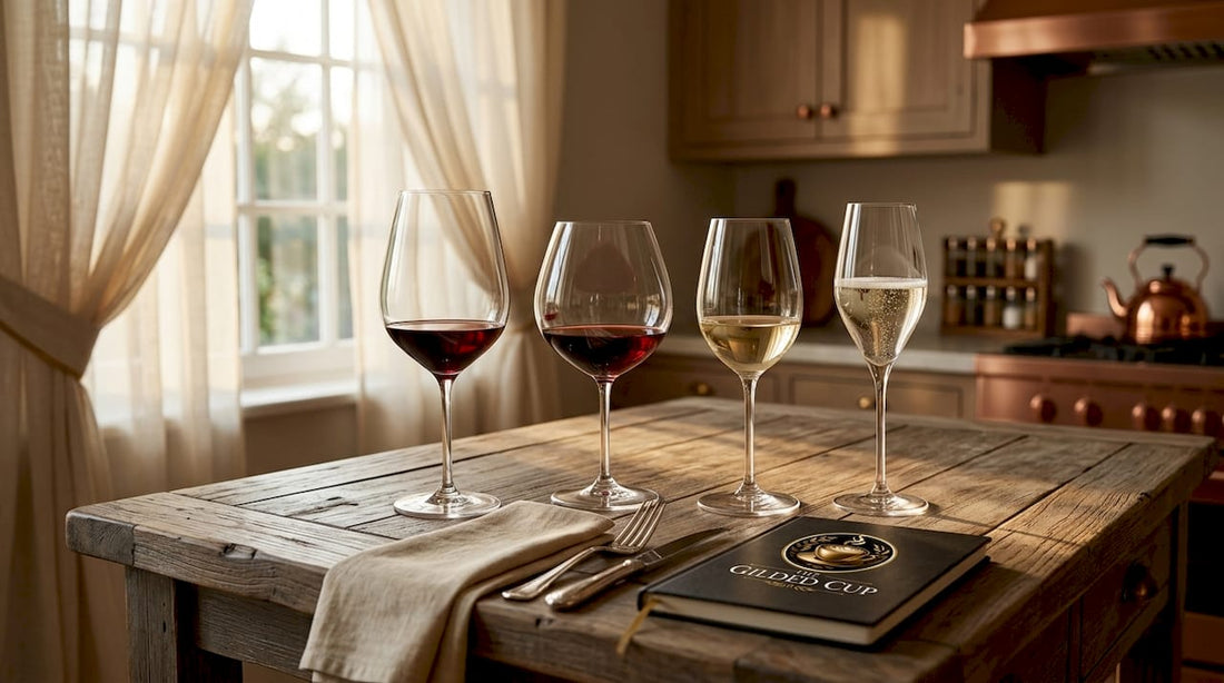 Four types of wine glasses on wooden table